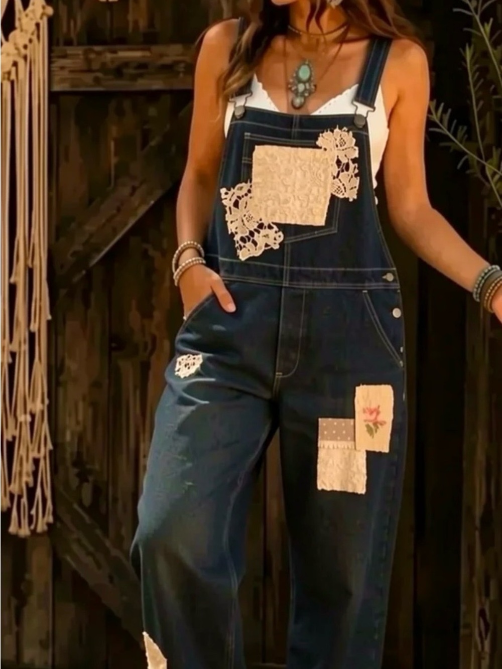 WRANGLER ROSES N PATCHWORK upcycled jeans long overalls XL